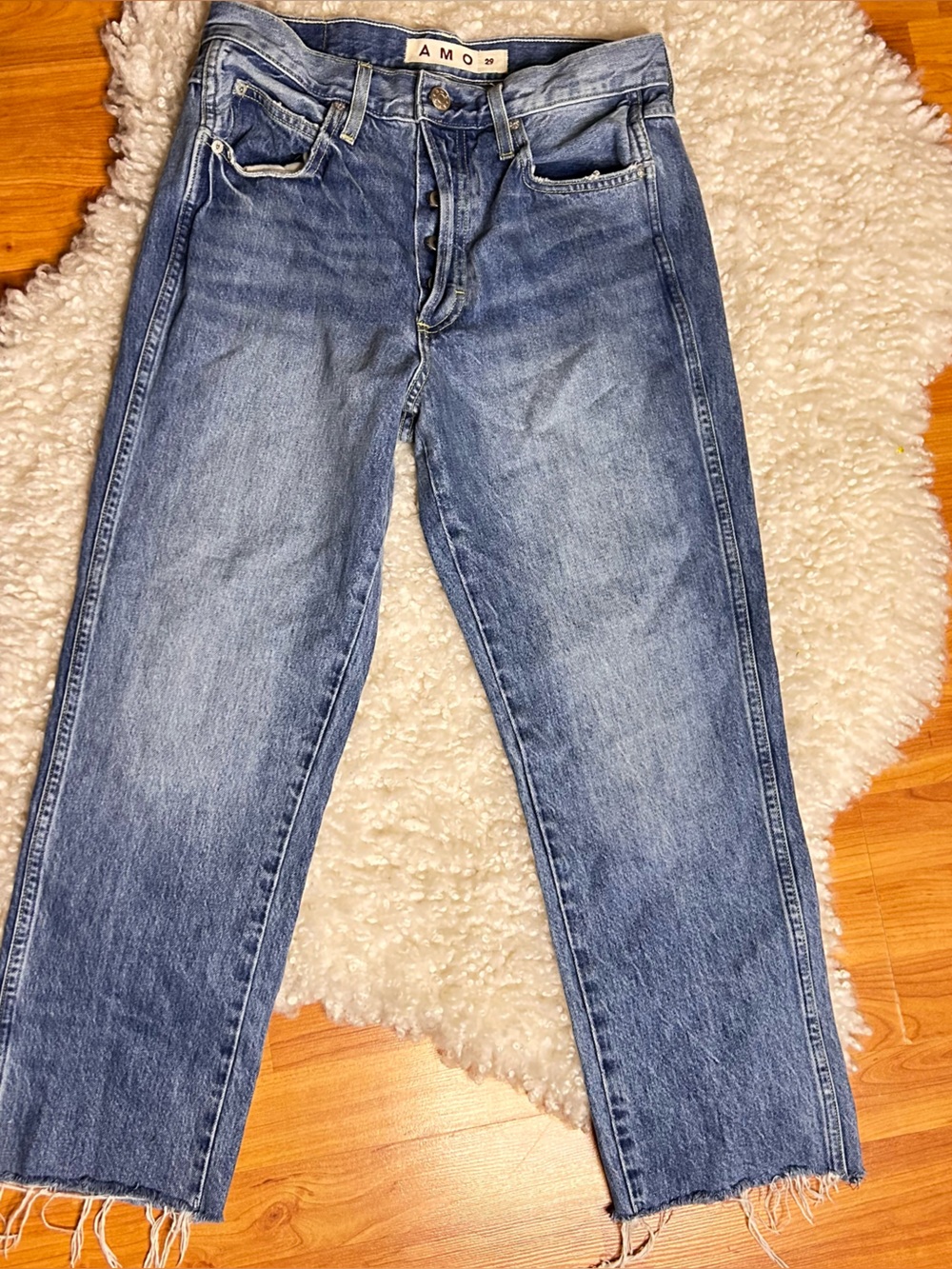 AMO loverboy raw hem denim straight leg jeans size 29
Button fly distressed